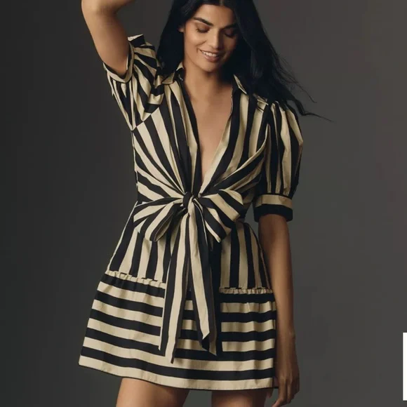 FARM Rio Black and Cream Striped Mini Dress with Front Tie - Picture 10 of 11